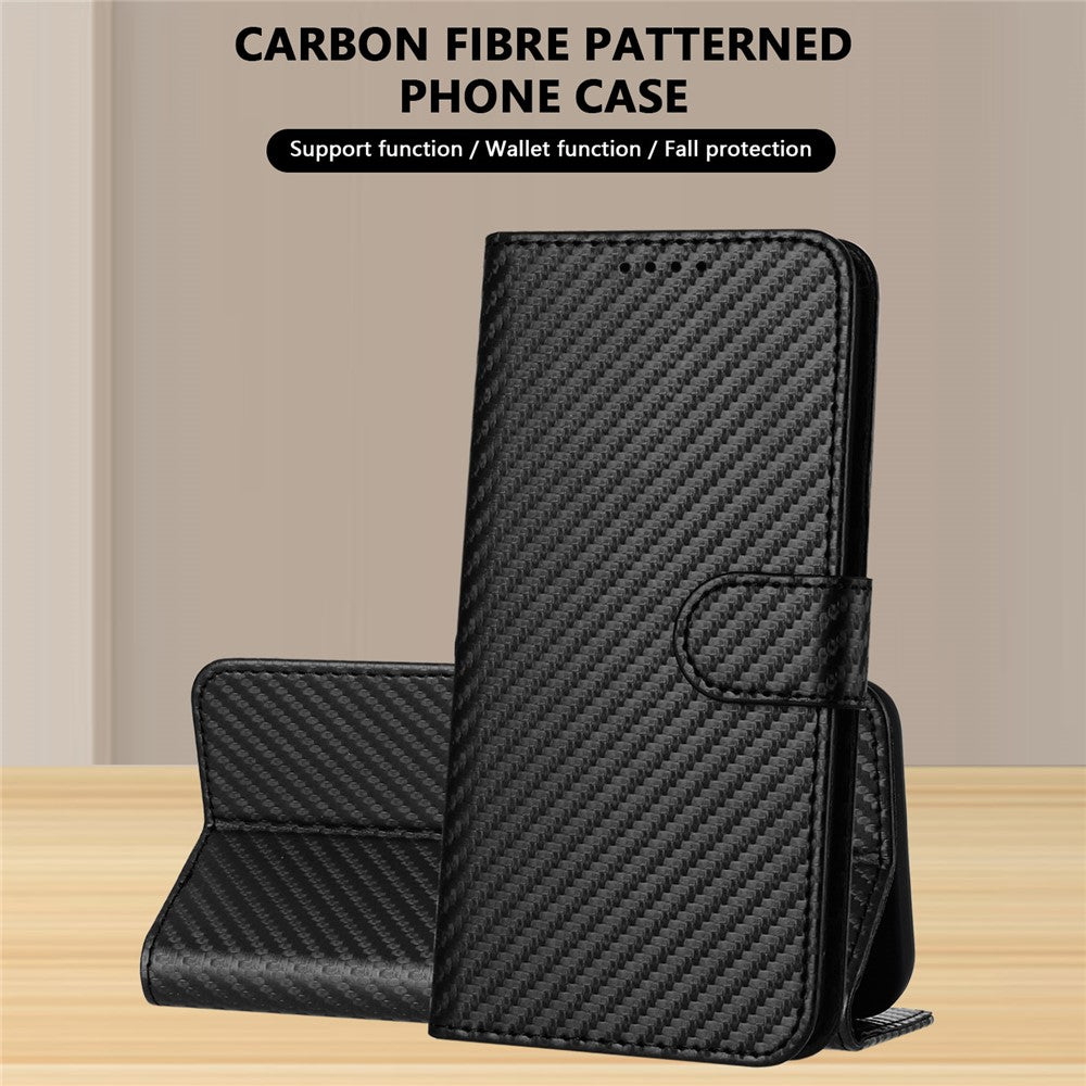 For iPhone 17 Pro Max Wallet Case with Strap Carbon Fiber Texture Leather Mobile Cover - Black