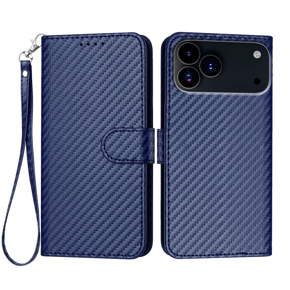 For iPhone 17 Pro Max Wallet Case with Strap Carbon Fiber Texture Leather Mobile Cover - Royal Blue