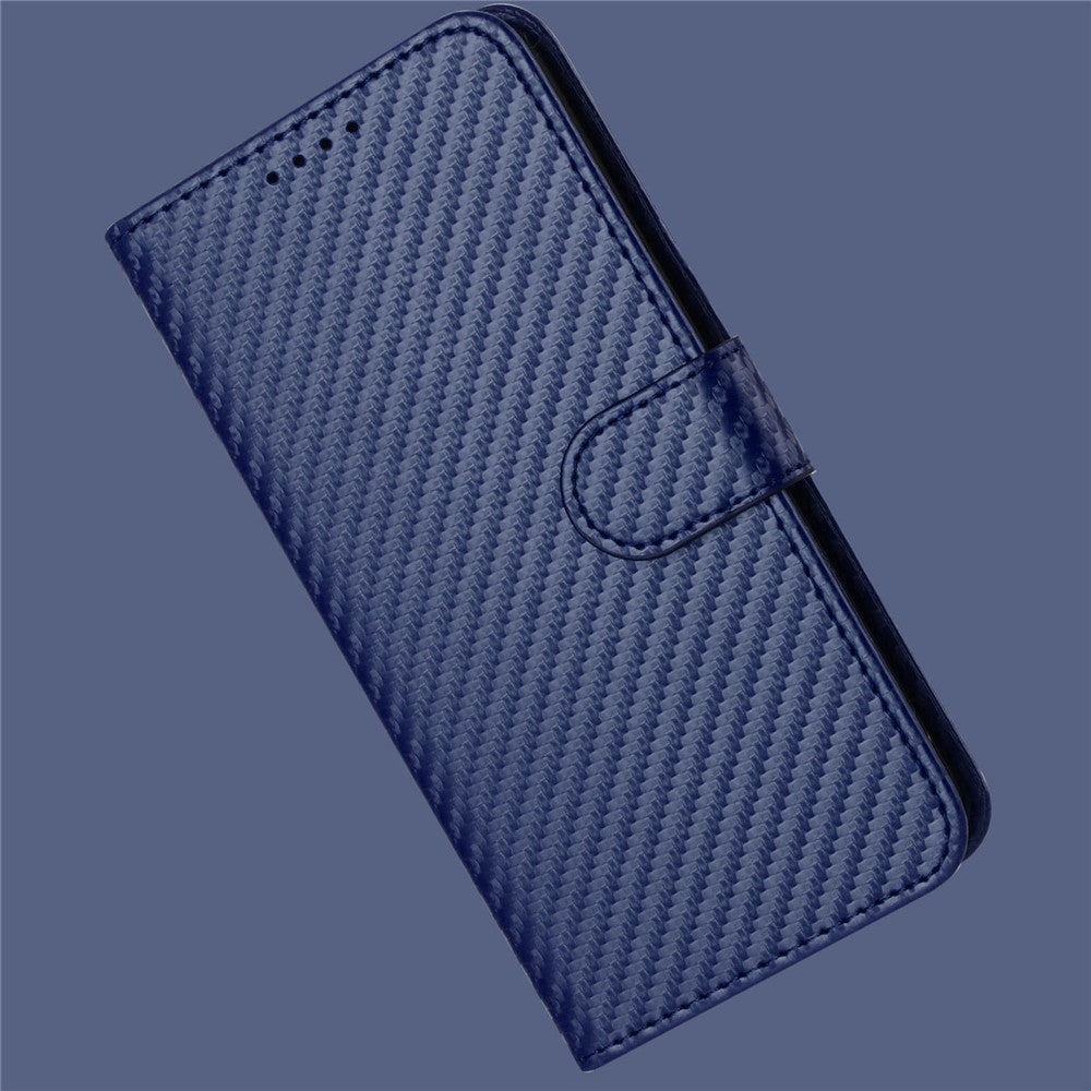 For iPhone 17 Pro Max Wallet Case with Strap Carbon Fiber Texture Leather Mobile Cover - Royal Blue