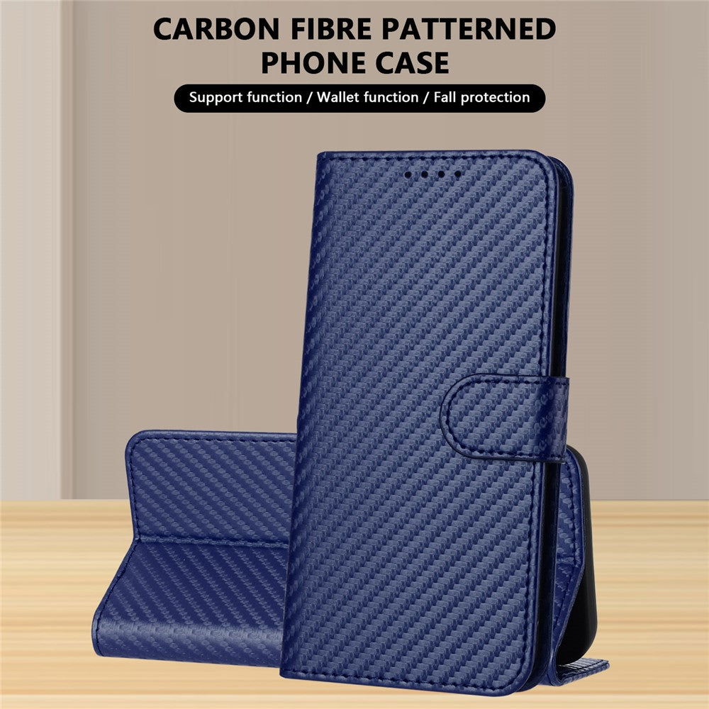 For iPhone 17 Pro Max Wallet Case with Strap Carbon Fiber Texture Leather Mobile Cover - Royal Blue