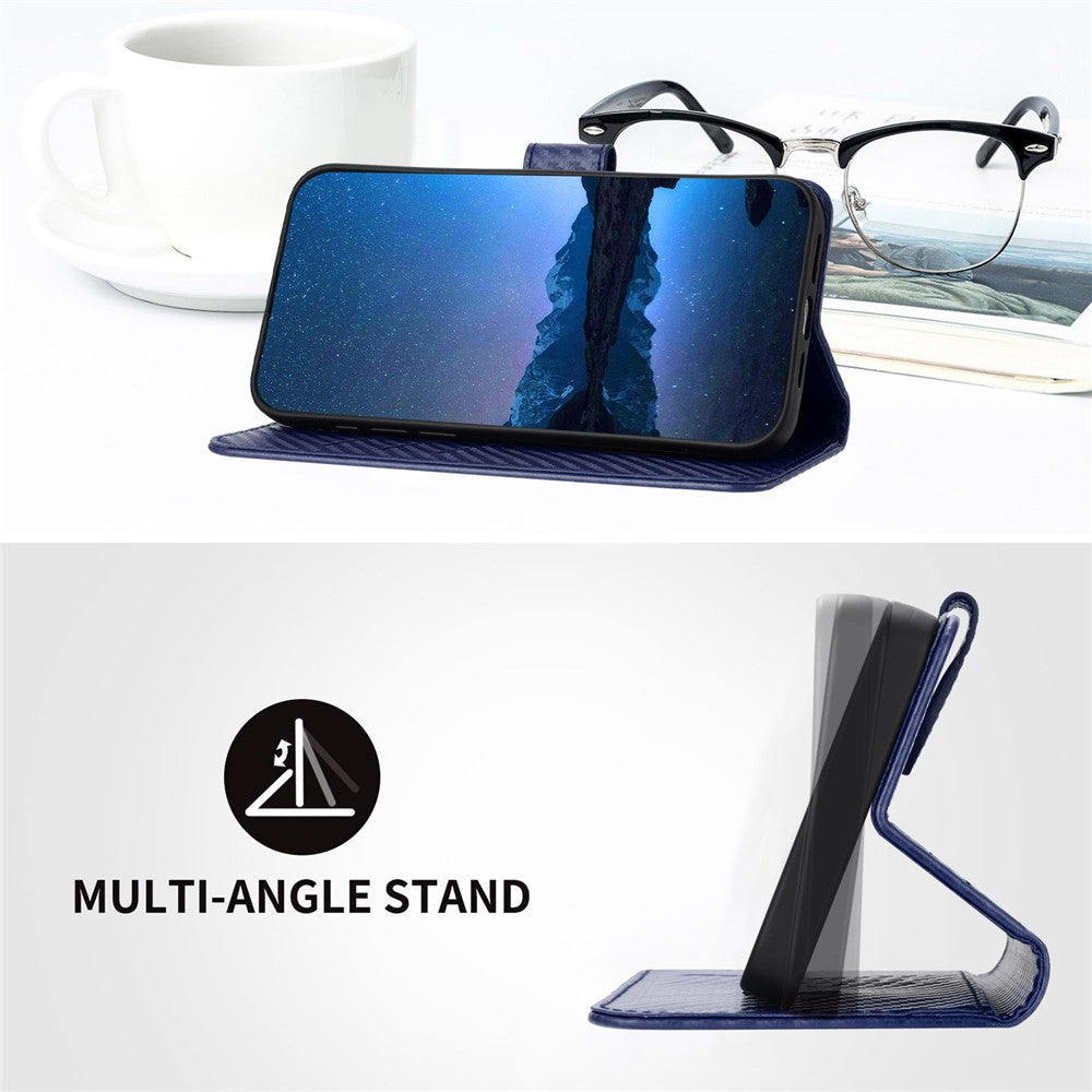 For iPhone 17 Pro Max Wallet Case with Strap Carbon Fiber Texture Leather Mobile Cover - Royal Blue