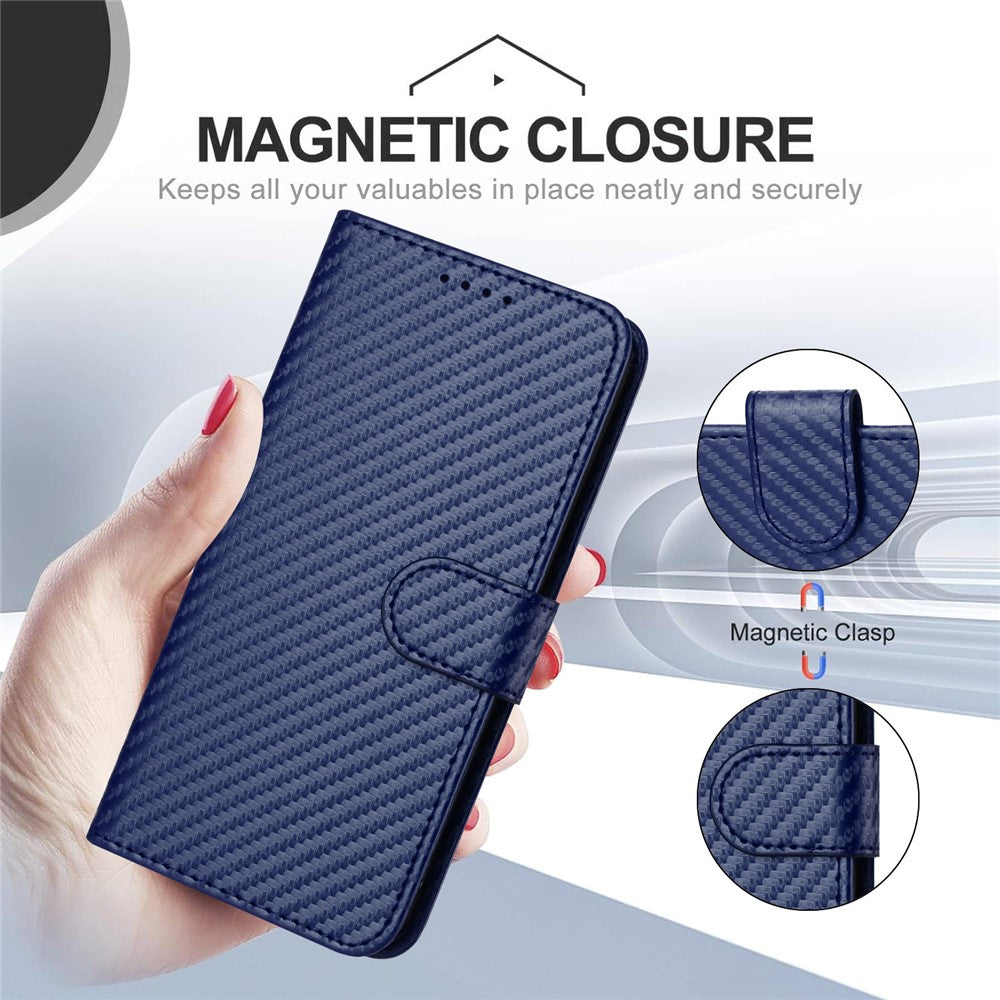 For iPhone 17 Pro Max Wallet Case with Strap Carbon Fiber Texture Leather Mobile Cover - Royal Blue