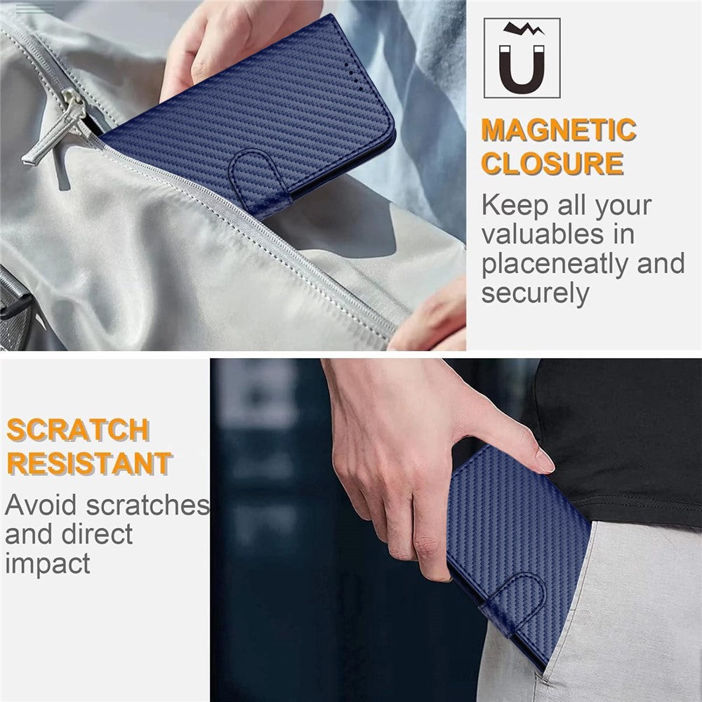 For iPhone 17 Pro Max Wallet Case with Strap Carbon Fiber Texture Leather Mobile Cover - Royal Blue