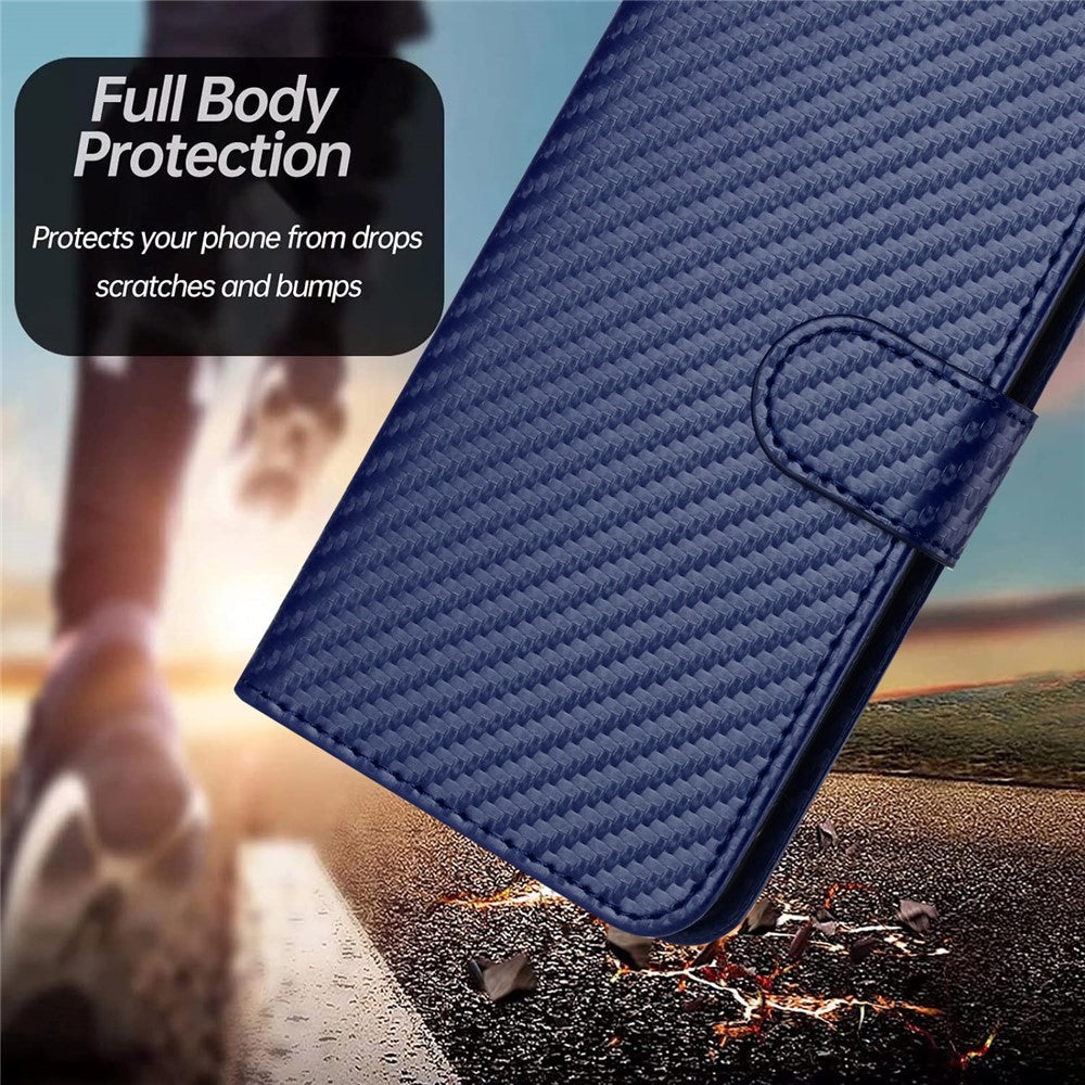 For iPhone 17 Pro Max Wallet Case with Strap Carbon Fiber Texture Leather Mobile Cover - Royal Blue