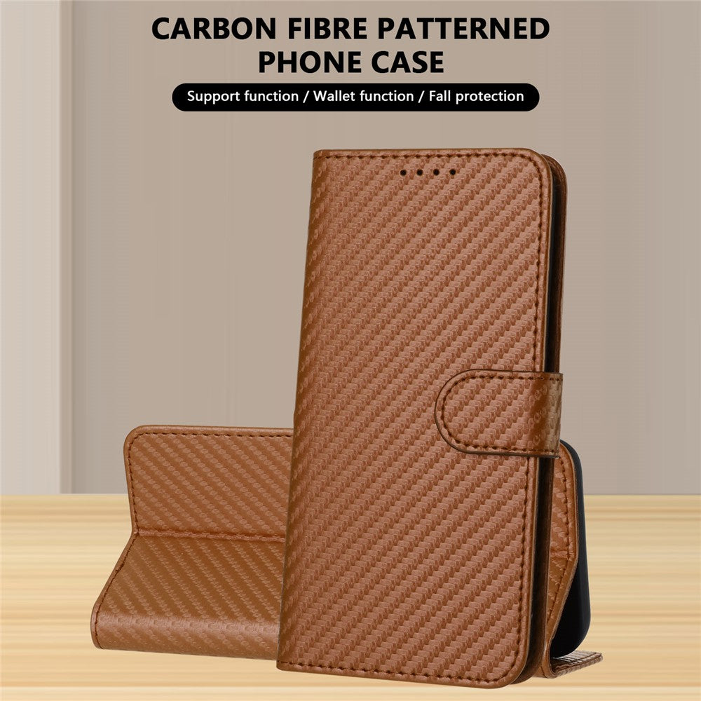 For iPhone 17 Pro Max Wallet Case with Strap Carbon Fiber Texture Leather Mobile Cover - Coffee