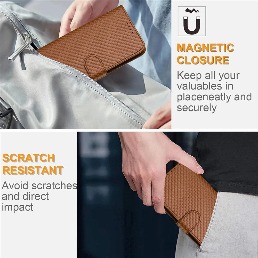 For iPhone 17 Pro Max Wallet Case with Strap Carbon Fiber Texture Leather Mobile Cover - Coffee