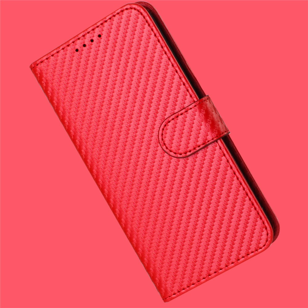 For iPhone 17 Pro Max Wallet Case with Strap Carbon Fiber Texture Leather Mobile Cover - Red