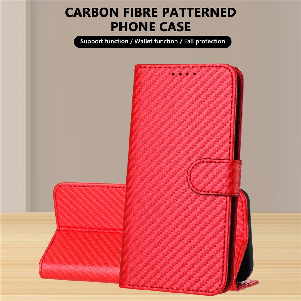 For iPhone 17 Pro Max Wallet Case with Strap Carbon Fiber Texture Leather Mobile Cover - Red