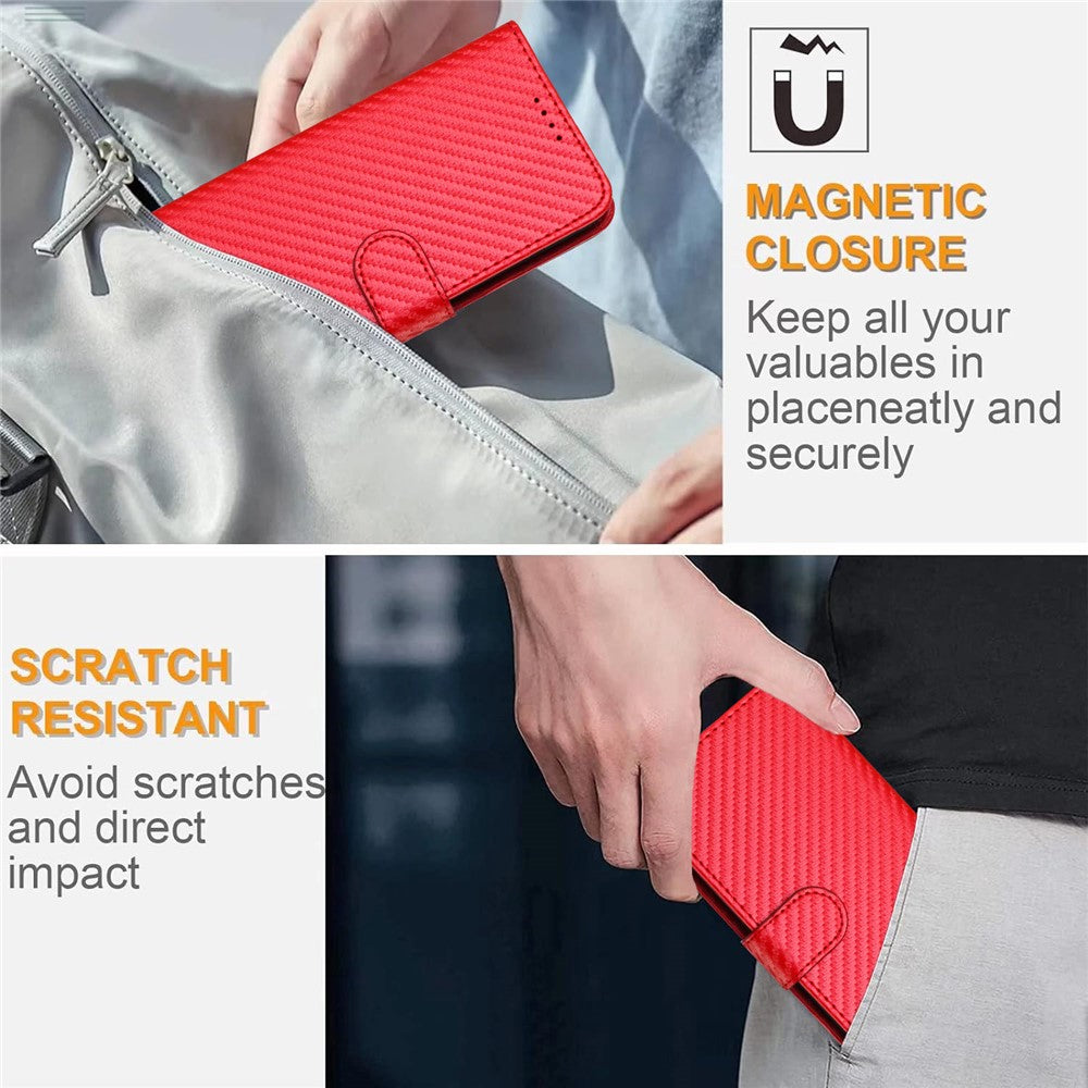 For iPhone 17 Pro Max Wallet Case with Strap Carbon Fiber Texture Leather Mobile Cover - Red