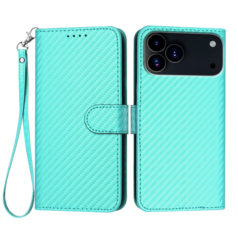 For iPhone 17 Pro Max Wallet Case with Strap Carbon Fiber Texture Leather Mobile Cover - Light Blue