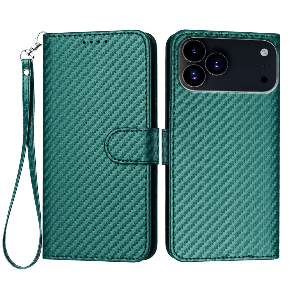 For iPhone 17 Pro Max Wallet Case with Strap Carbon Fiber Texture Leather Mobile Cover - Blackish Green