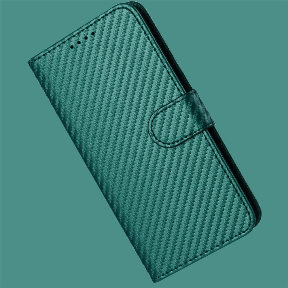 For iPhone 17 Pro Max Wallet Case with Strap Carbon Fiber Texture Leather Mobile Cover - Blackish Green