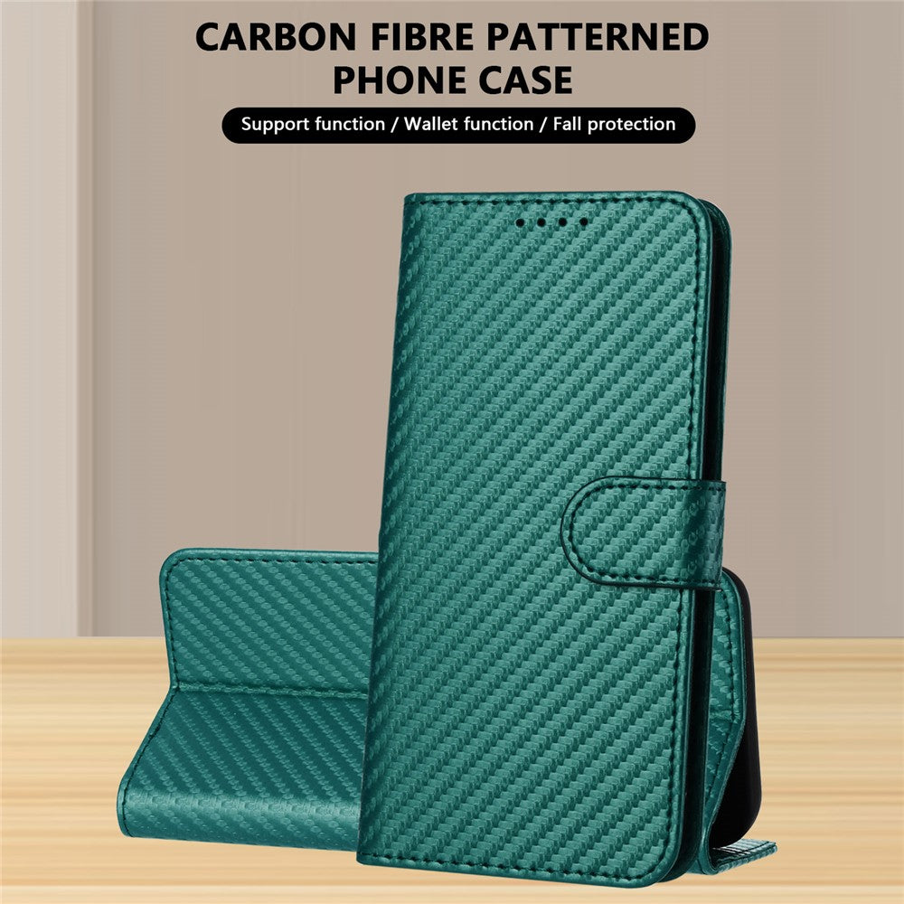 For iPhone 17 Pro Max Wallet Case with Strap Carbon Fiber Texture Leather Mobile Cover - Blackish Green