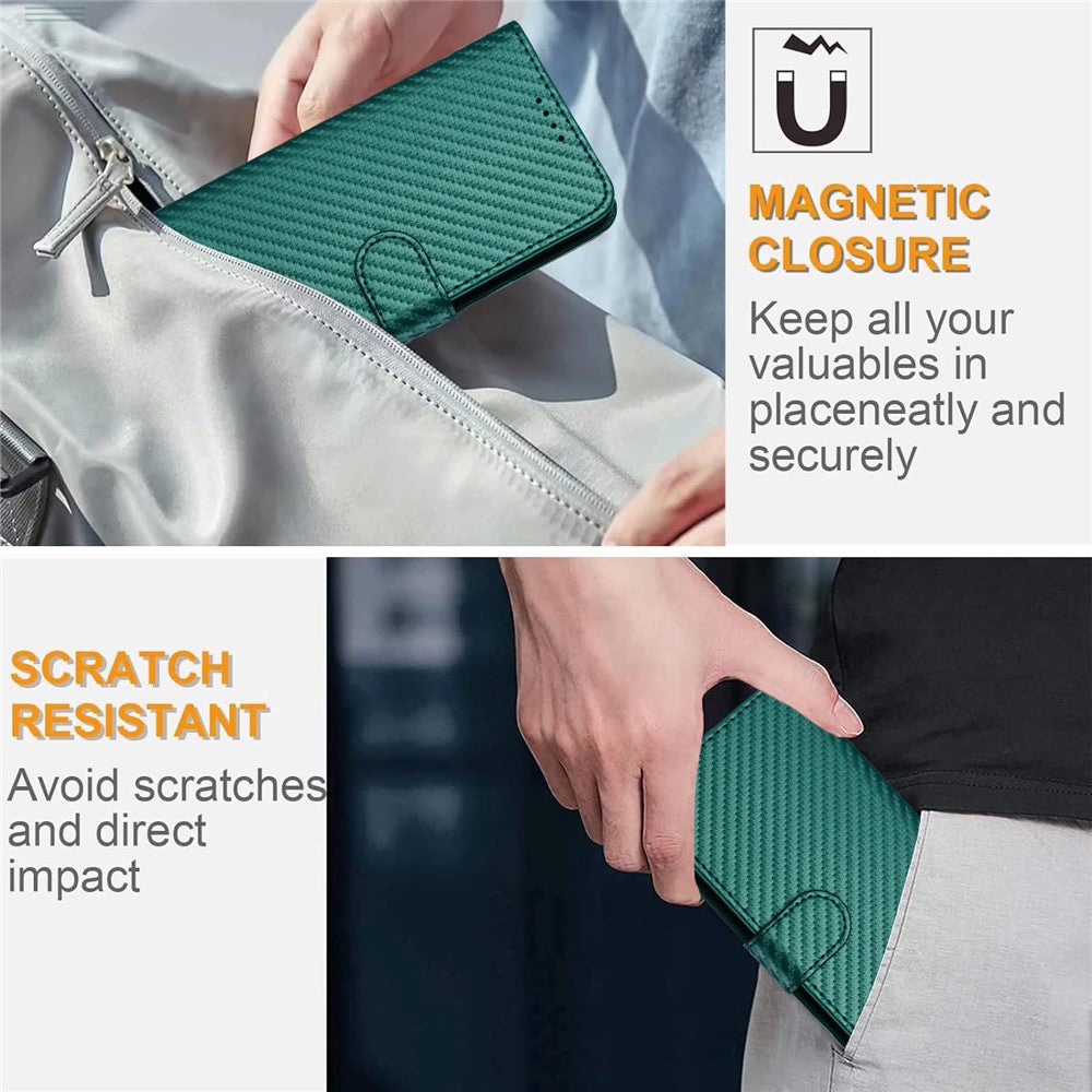 For iPhone 17 Pro Max Wallet Case with Strap Carbon Fiber Texture Leather Mobile Cover - Blackish Green