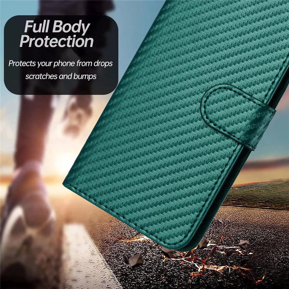 For iPhone 17 Pro Max Wallet Case with Strap Carbon Fiber Texture Leather Mobile Cover - Blackish Green