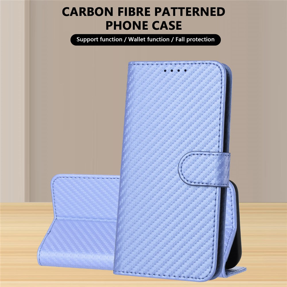 For iPhone 17 Pro Max Wallet Case with Strap Carbon Fiber Texture Leather Mobile Cover - Purple