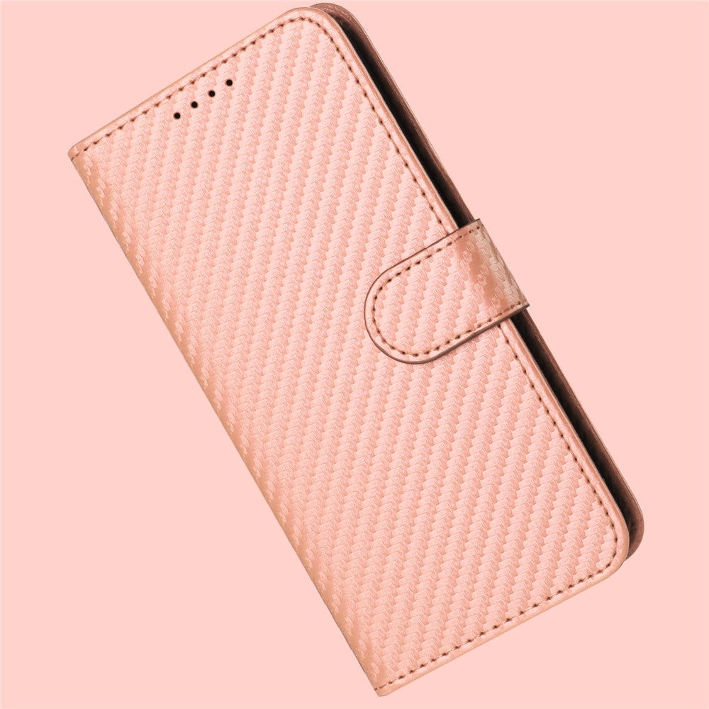 For iPhone 17 Pro Max Wallet Case with Strap Carbon Fiber Texture Leather Mobile Cover - Pink