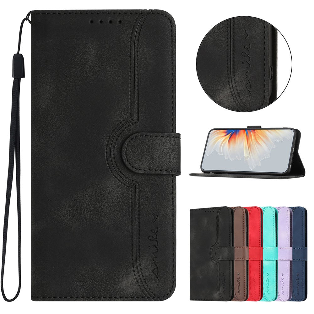 For iPhone 17 Pro Max Leather Case Wallet Stand Smile Imprinted Phone Cover with Strap - Black