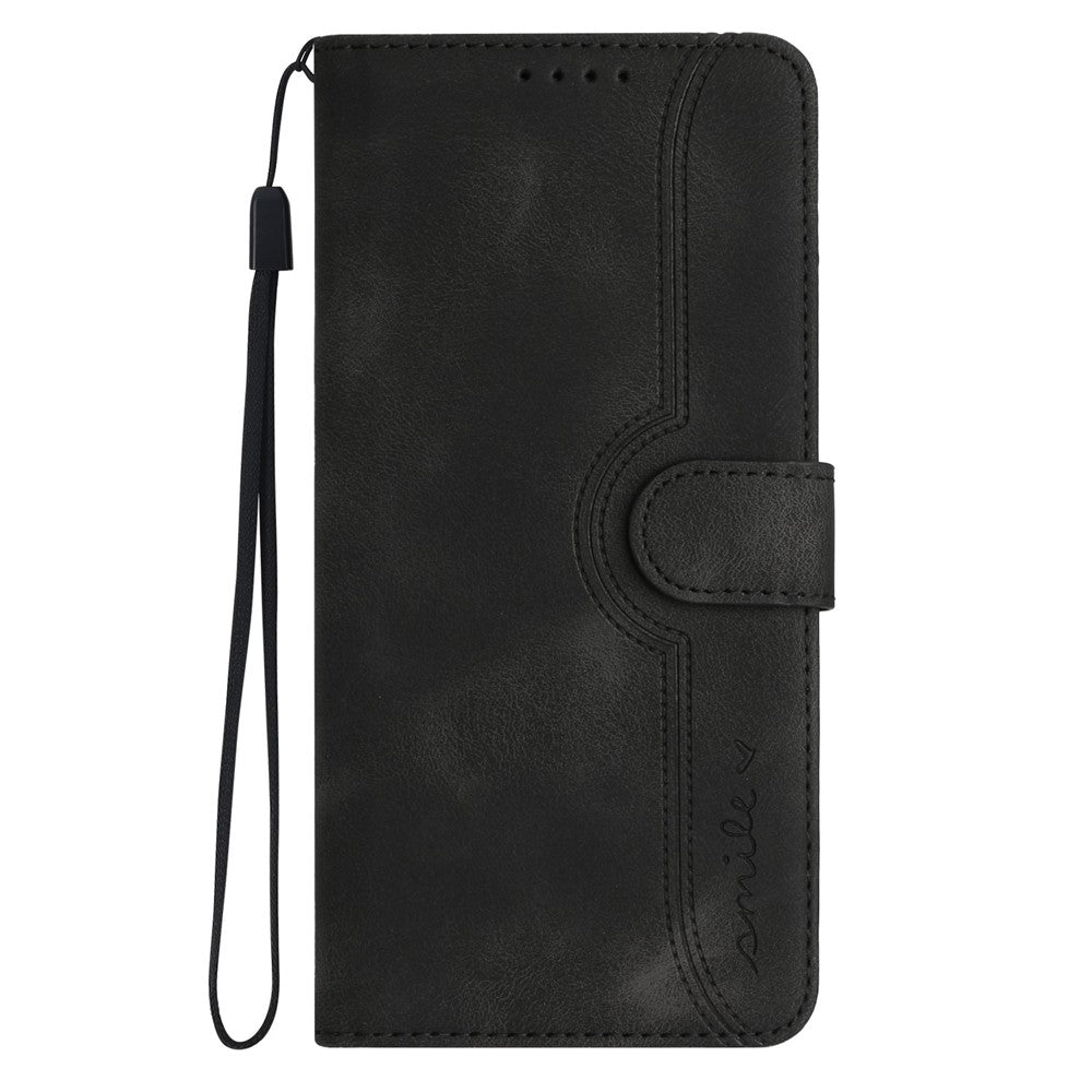 For iPhone 17 Pro Max Leather Case Wallet Stand Smile Imprinted Phone Cover with Strap - Black