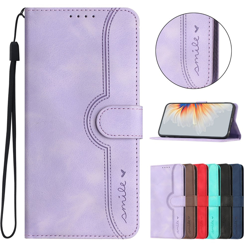 For iPhone 17 Pro Max Leather Case Wallet Stand Smile Imprinted Phone Cover with Strap - Purple