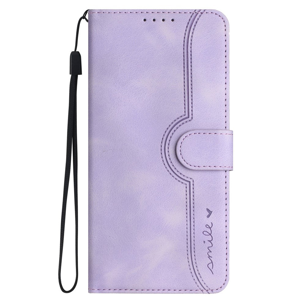 For iPhone 17 Pro Max Leather Case Wallet Stand Smile Imprinted Phone Cover with Strap - Purple