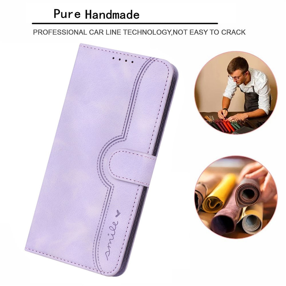 For iPhone 17 Pro Max Leather Case Wallet Stand Smile Imprinted Phone Cover with Strap - Purple
