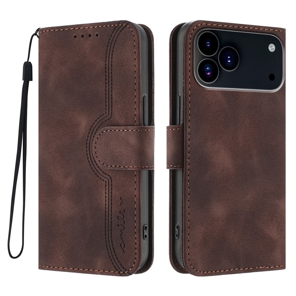 For iPhone 17 Pro Max Leather Case Wallet Stand Smile Imprinted Phone Cover with Strap - Coffee