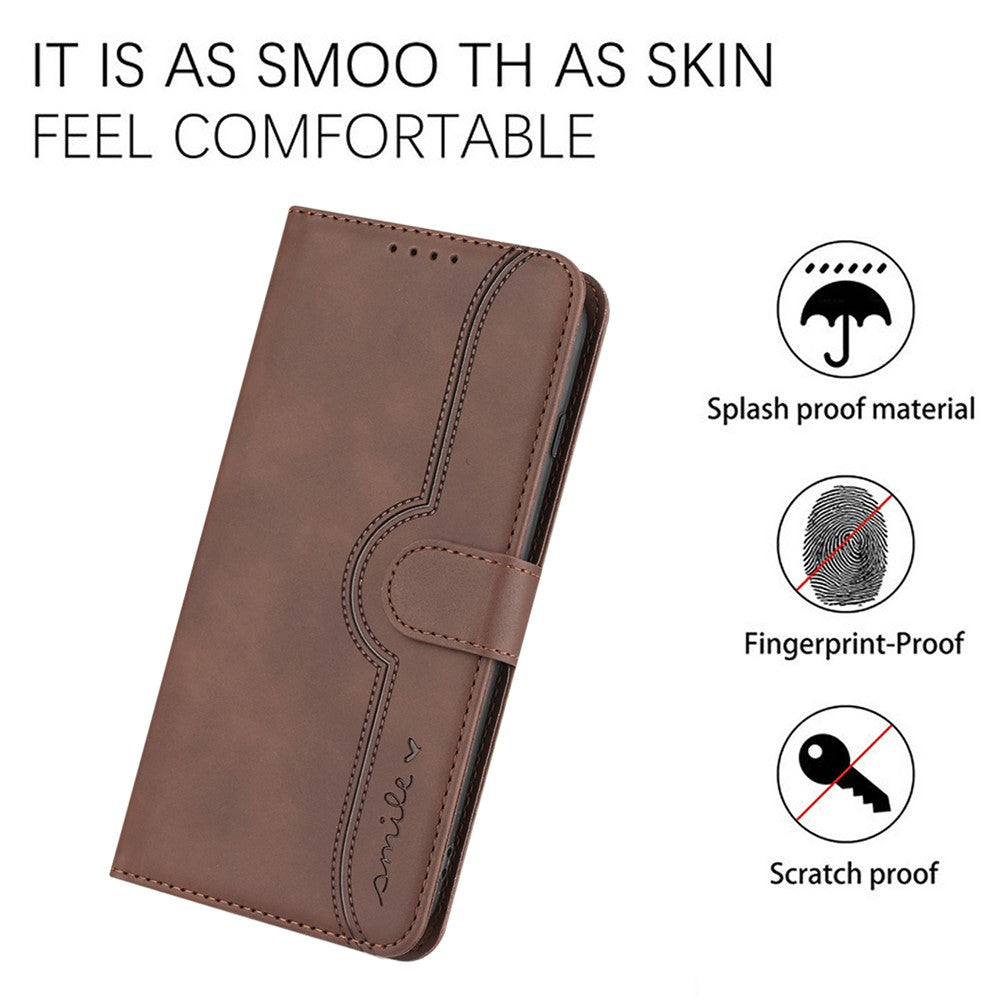 For iPhone 17 Pro Max Leather Case Wallet Stand Smile Imprinted Phone Cover with Strap - Coffee