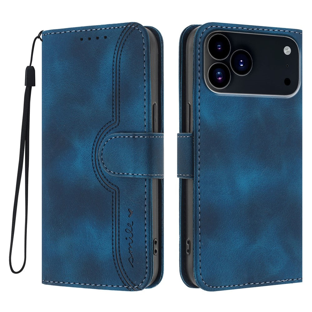 For iPhone 17 Pro Max Leather Case Wallet Stand Smile Imprinted Phone Cover with Strap - Royal Blue