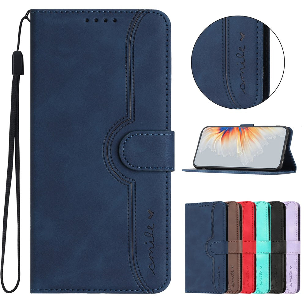 For iPhone 17 Pro Max Leather Case Wallet Stand Smile Imprinted Phone Cover with Strap - Royal Blue