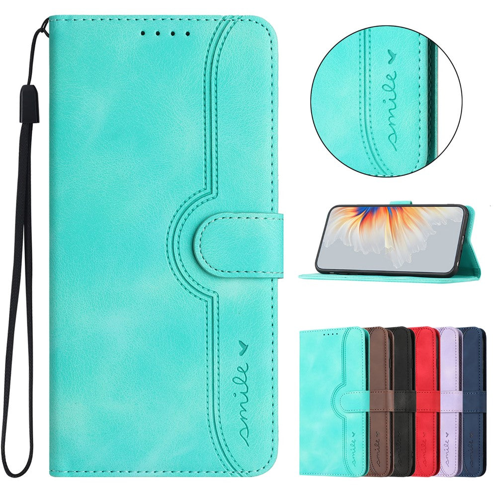 For iPhone 17 Pro Max Leather Case Wallet Stand Smile Imprinted Phone Cover with Strap - Light Blue