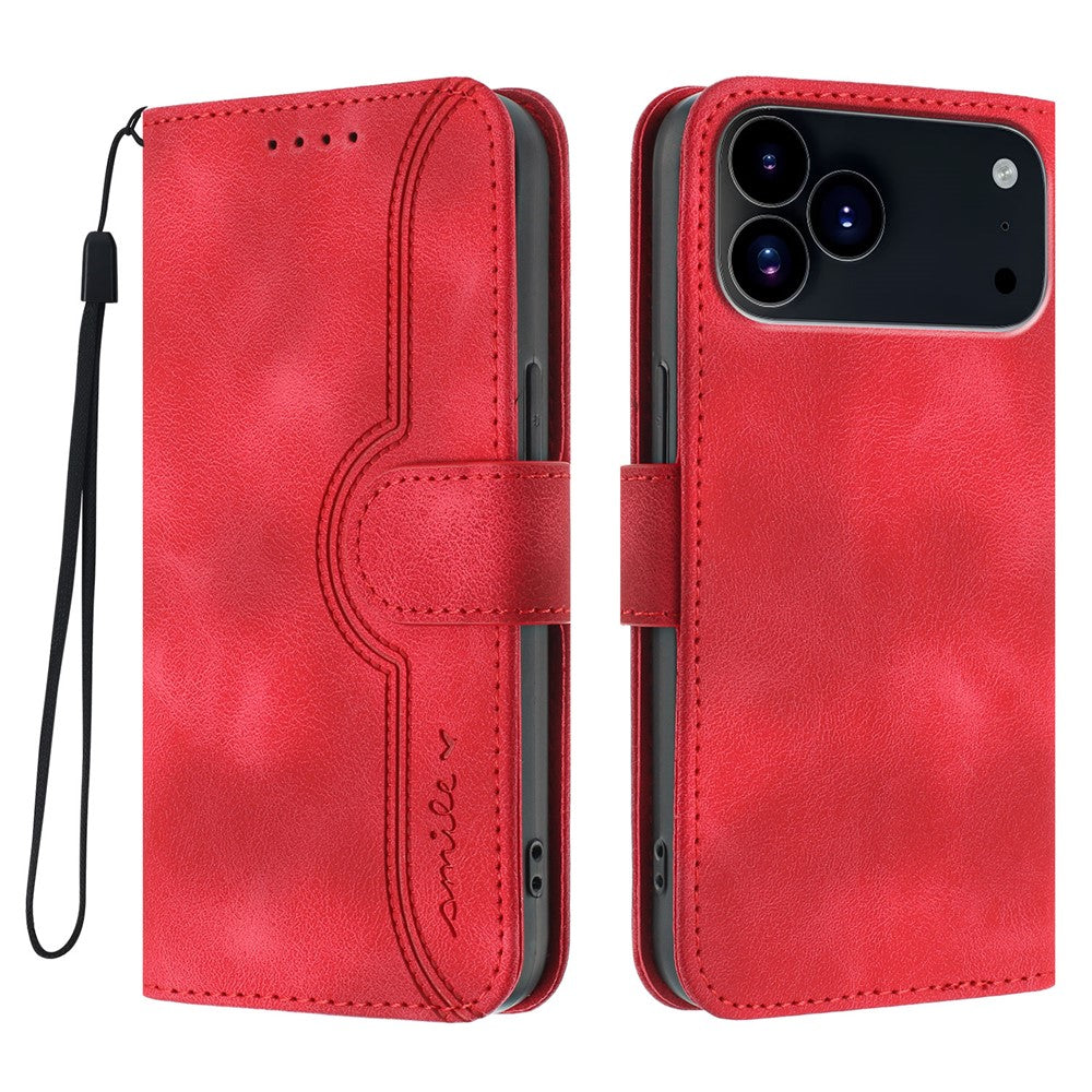 For iPhone 17 Pro Max Leather Case Wallet Stand Smile Imprinted Phone Cover with Strap - Red