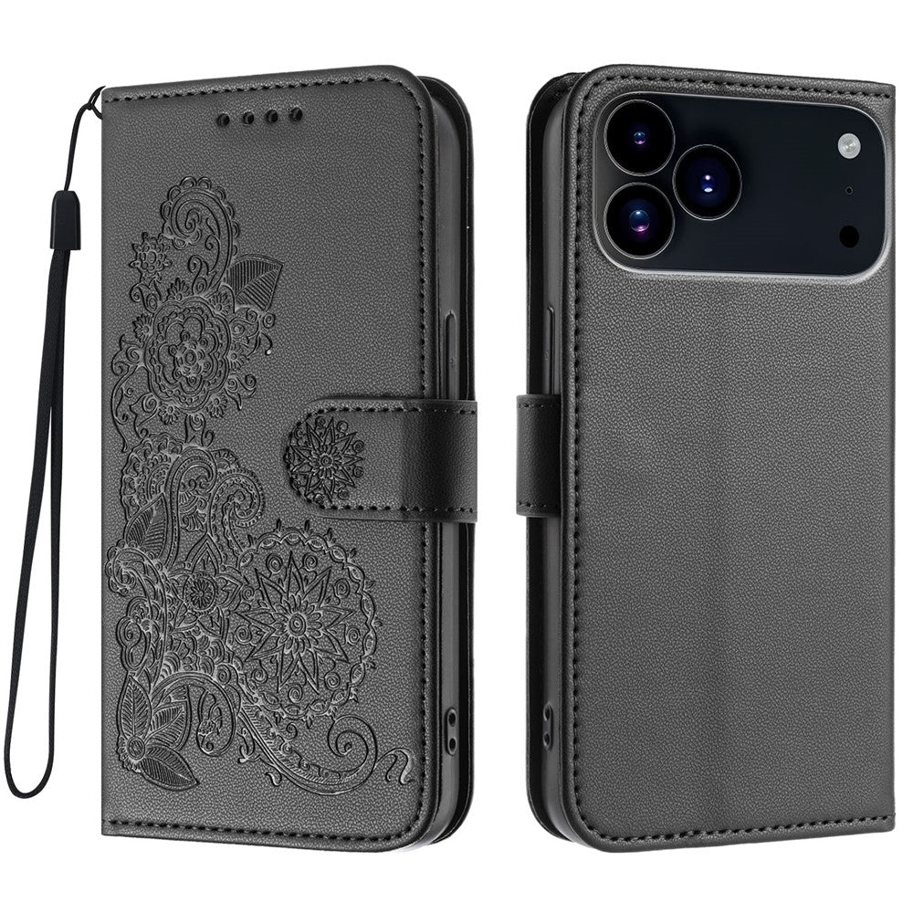 For iPhone 17 Pro Max Phone Cases Mandala Flower Leather Wallet Mobile Cover with Strap - Black