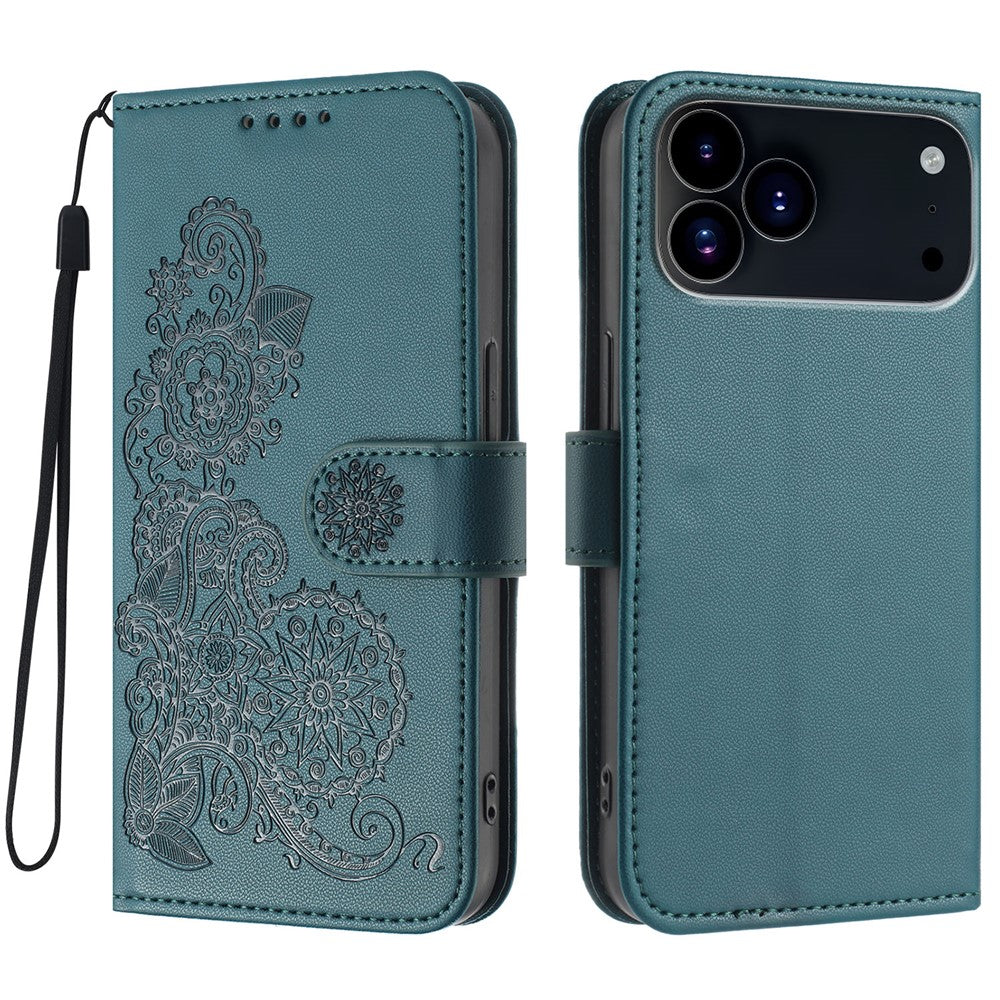 For iPhone 17 Pro Max Phone Cases Mandala Flower Leather Wallet Mobile Cover with Strap - Blackish Green
