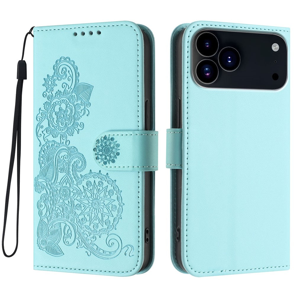 For iPhone 17 Pro Max Phone Cases Mandala Flower Leather Wallet Mobile Cover with Strap - Light Blue