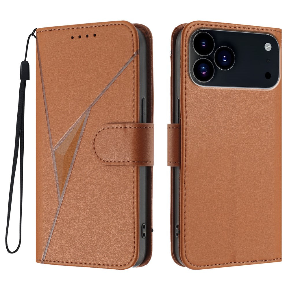 For iPhone 17 Pro Max Case Triangle Imprint Leather Phone Cover with Lanyard - Coffee