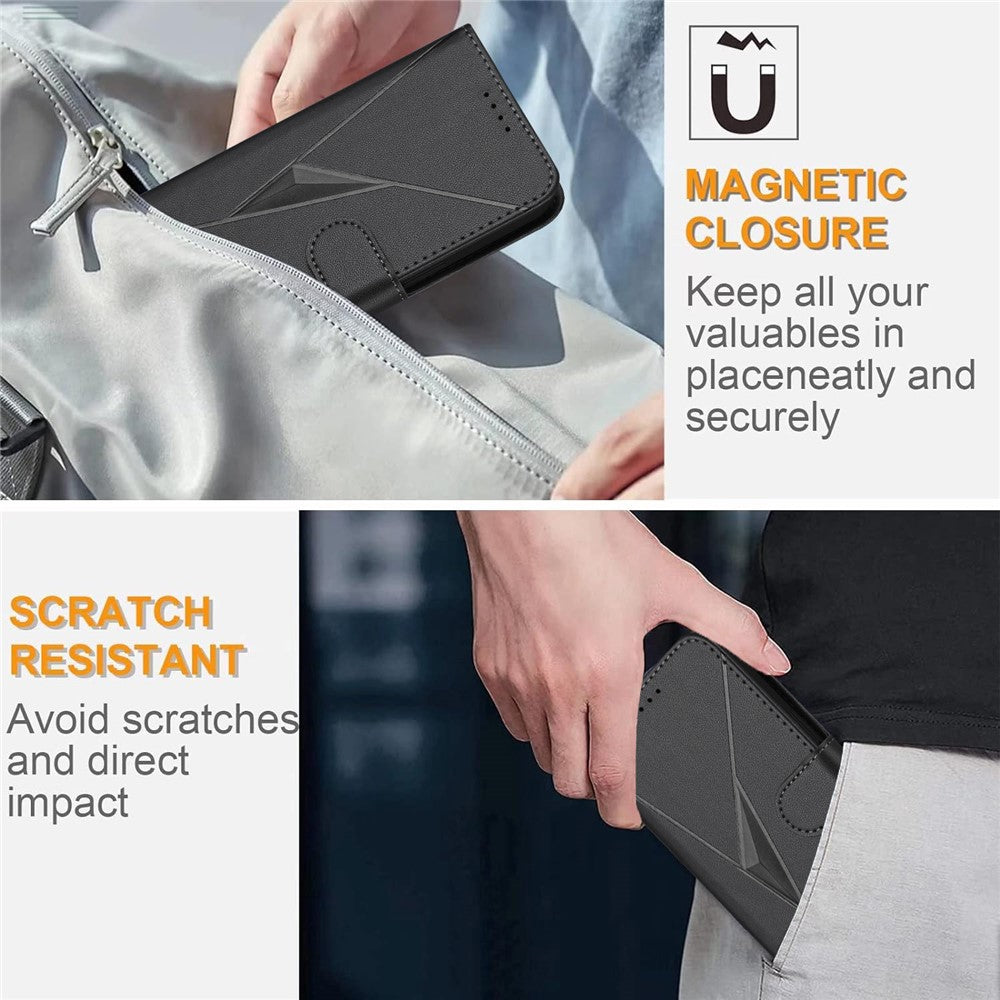 For iPhone 17 Pro Max Case Triangle Imprint Leather Phone Cover with Lanyard - Black