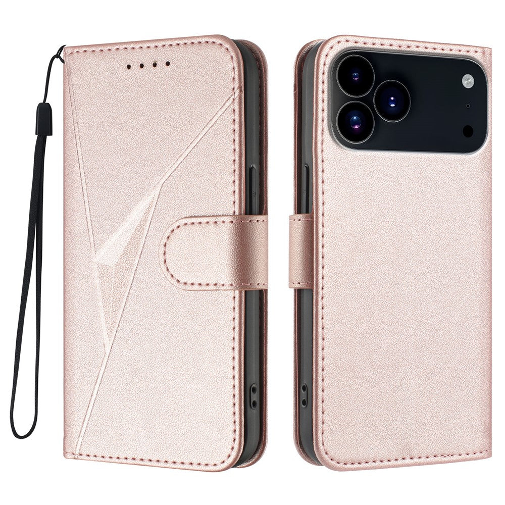 For iPhone 17 Pro Max Case Triangle Imprint Leather Phone Cover with Lanyard - Rose Gold