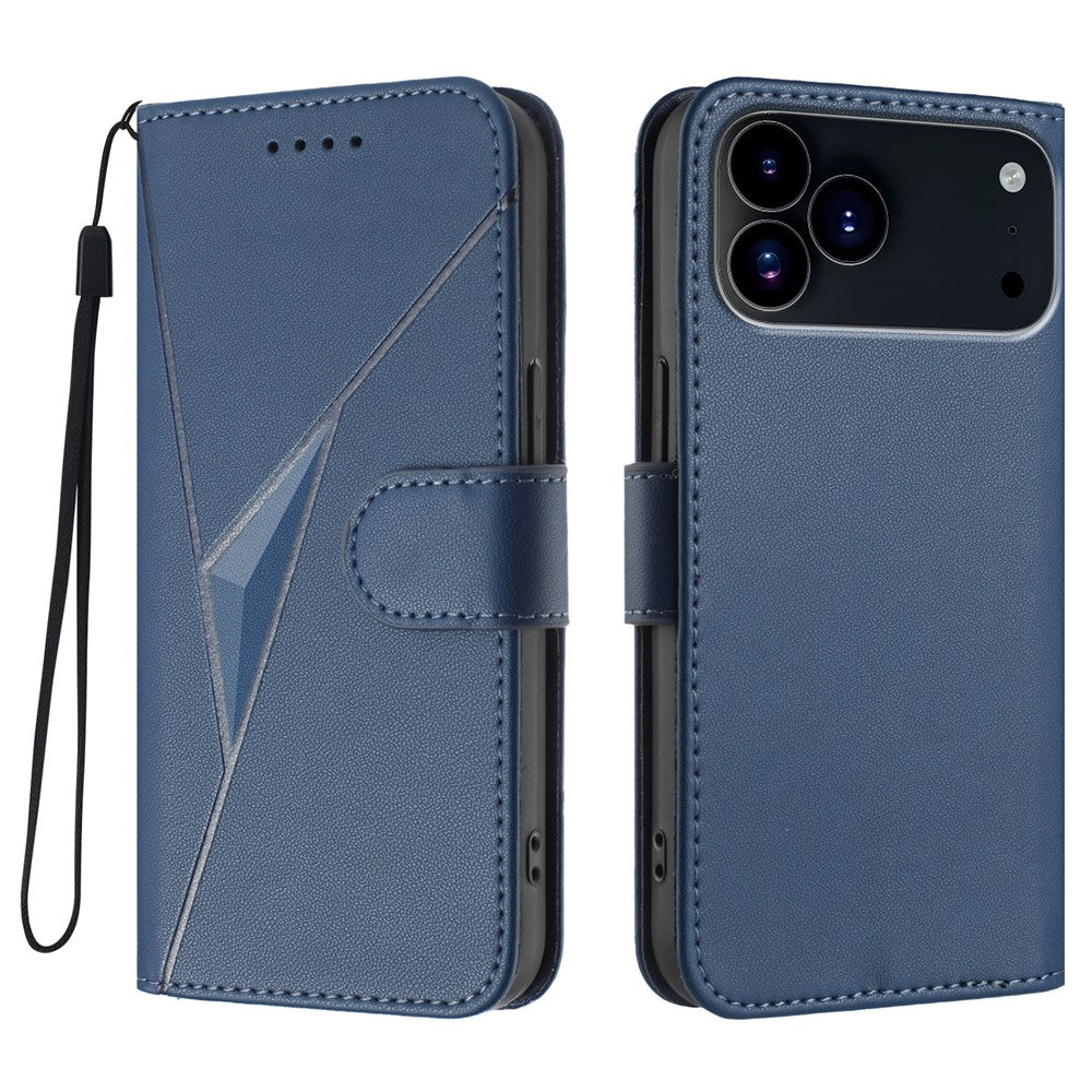For iPhone 17 Pro Max Case Triangle Imprint Leather Phone Cover with Lanyard - Royal Blue