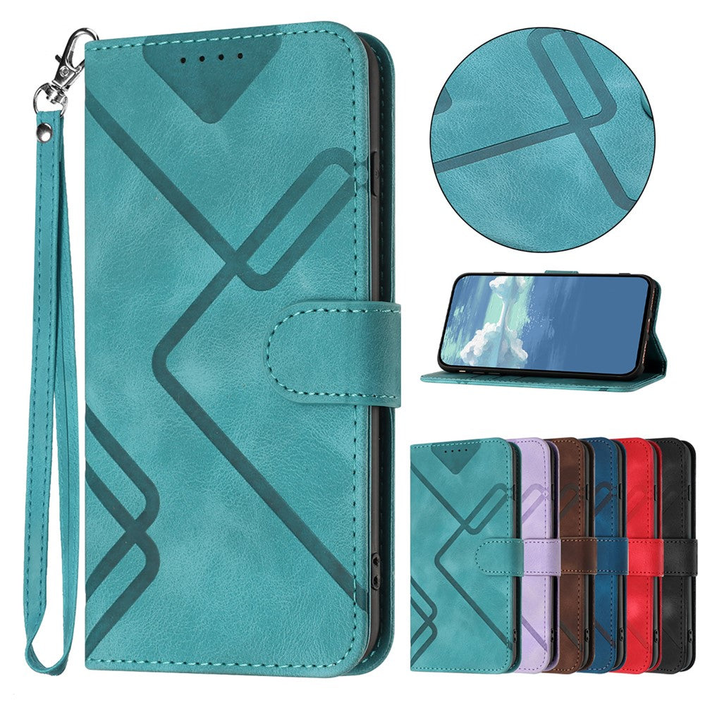 For iPhone 17 Pro Max Wallet Case Line Imprinted PU Leather Phone Cover with Strap - Light Blue