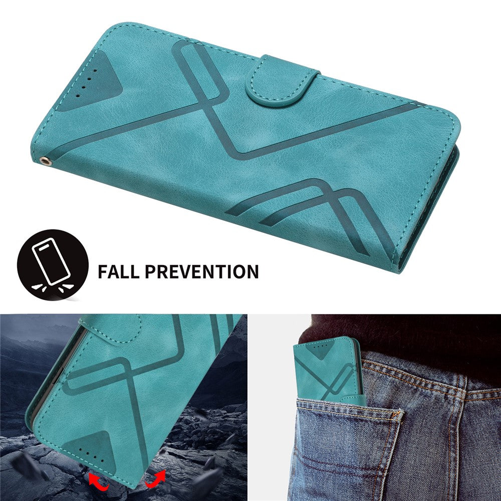 For iPhone 17 Pro Max Wallet Case Line Imprinted PU Leather Phone Cover with Strap - Light Blue