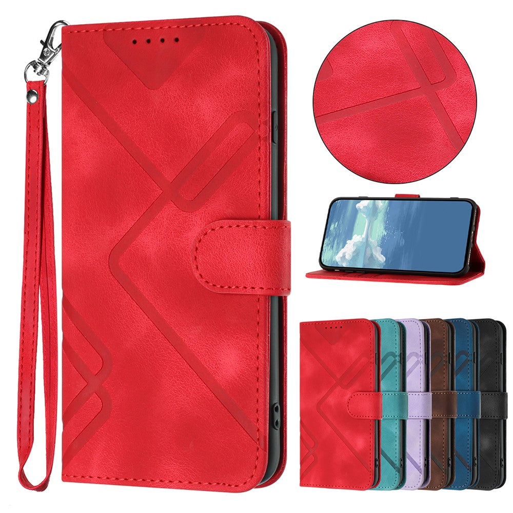 For iPhone 17 Pro Max Wallet Case Line Imprinted PU Leather Phone Cover with Strap - Red