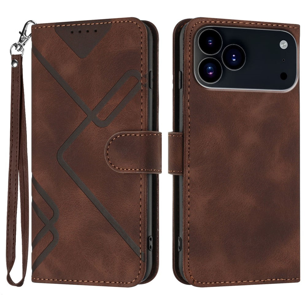 For iPhone 17 Pro Max Wallet Case Line Imprinted PU Leather Phone Cover with Strap - Brown