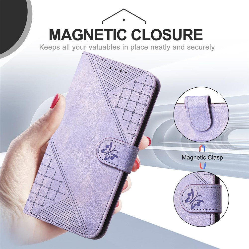 For iPhone 17 Pro Max Leather Wallet Case Butterfly Flower Imprinted Phone Cover with Strap - Purple