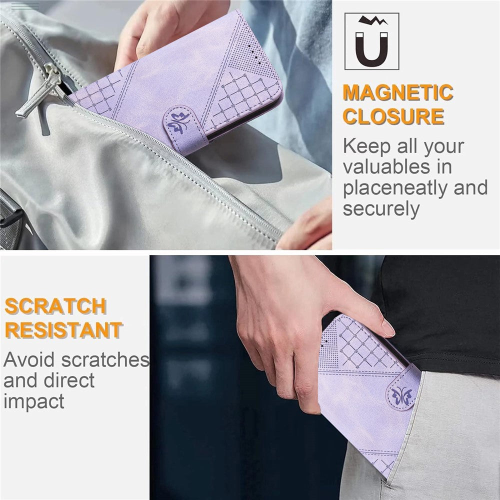 For iPhone 17 Pro Max Leather Wallet Case Butterfly Flower Imprinted Phone Cover with Strap - Purple