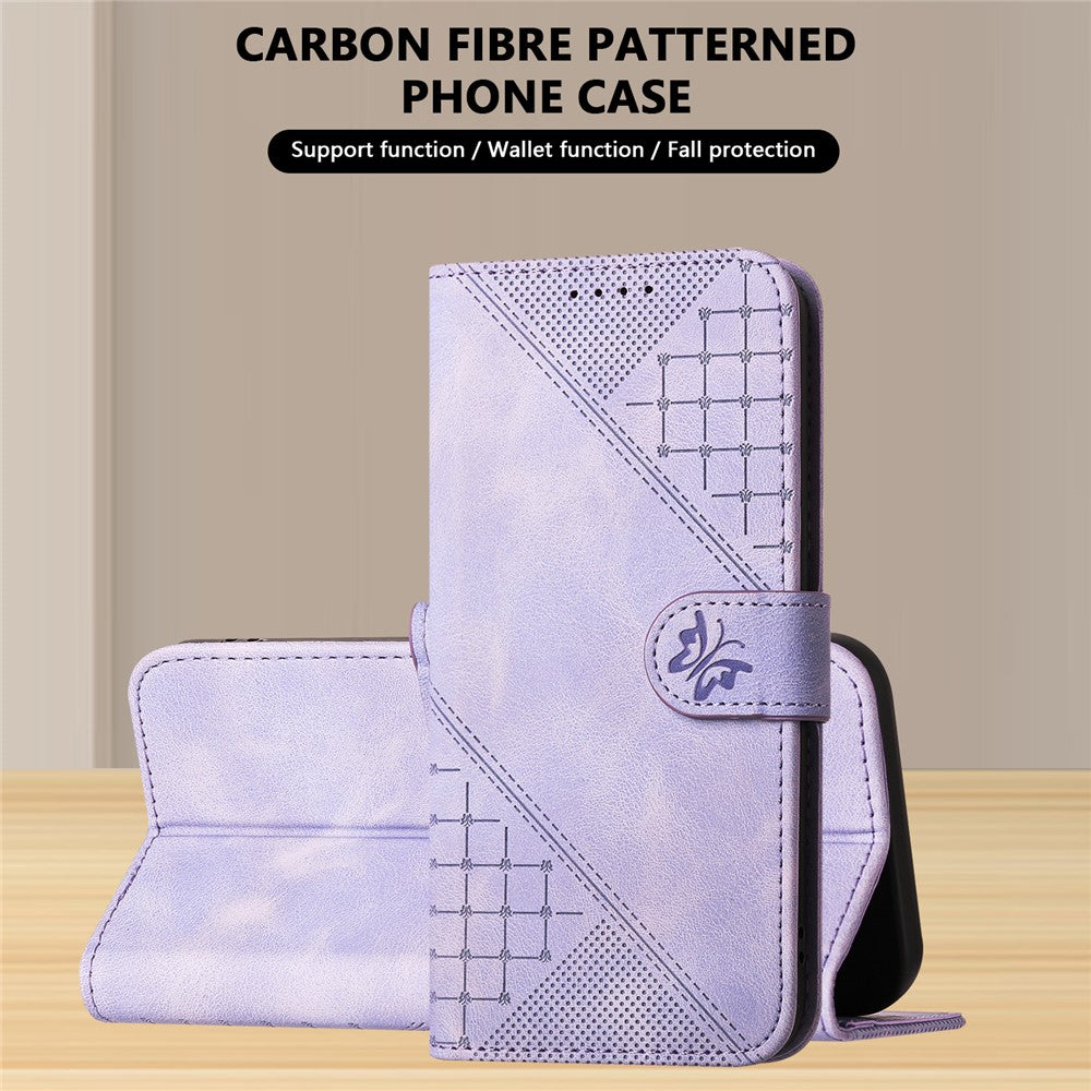 For iPhone 17 Pro Max Leather Wallet Case Butterfly Flower Imprinted Phone Cover with Strap - Purple