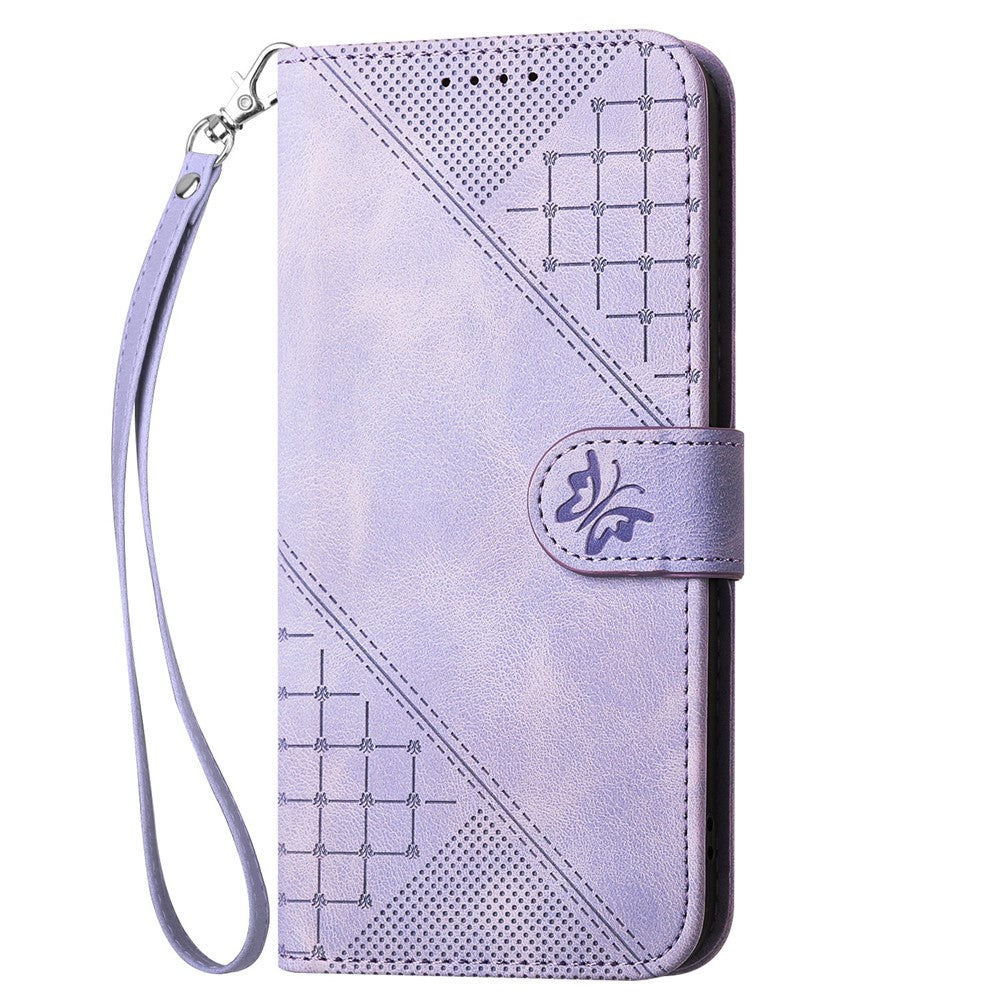 For iPhone 17 Pro Max Leather Wallet Case Butterfly Flower Imprinted Phone Cover with Strap - Purple
