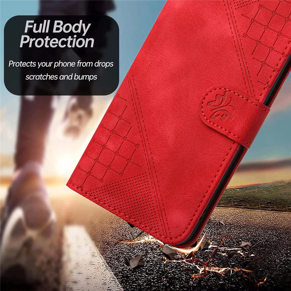 For iPhone 17 Pro Max Leather Wallet Case Butterfly Flower Imprinted Phone Cover with Strap - Red