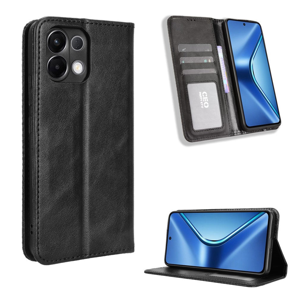 For Oppo K13 5G Leather Case Wallet Stand Retro Texture Phone Cover - Black