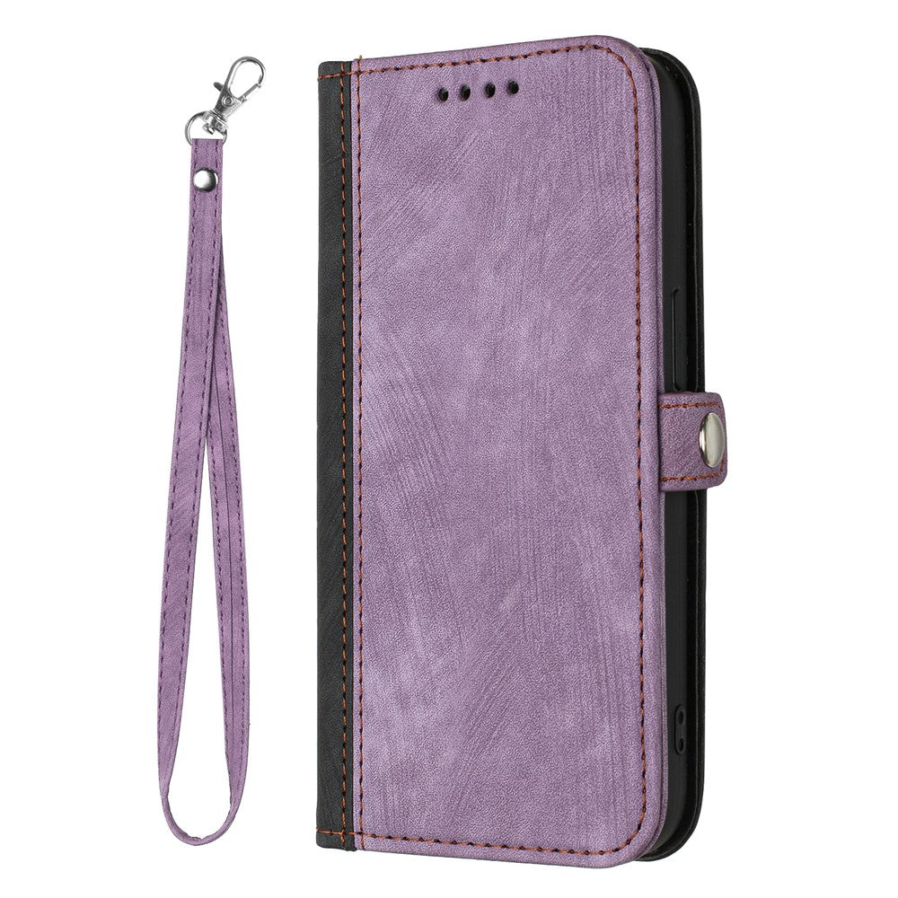 For iPhone 17 Pro Max PU Leather Case with Strap Phone Cover Stand Side Magnetic Button Design - Black+Purple